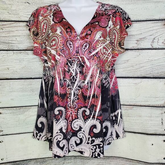 Live and Let Live Women’s L Boho Paisley Lace Back Short Sleeve Tunic Top Black - Picture 1 of 8
